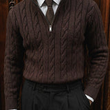Oversize Collar Braid Zipper Pullover - Tamno Smeđa