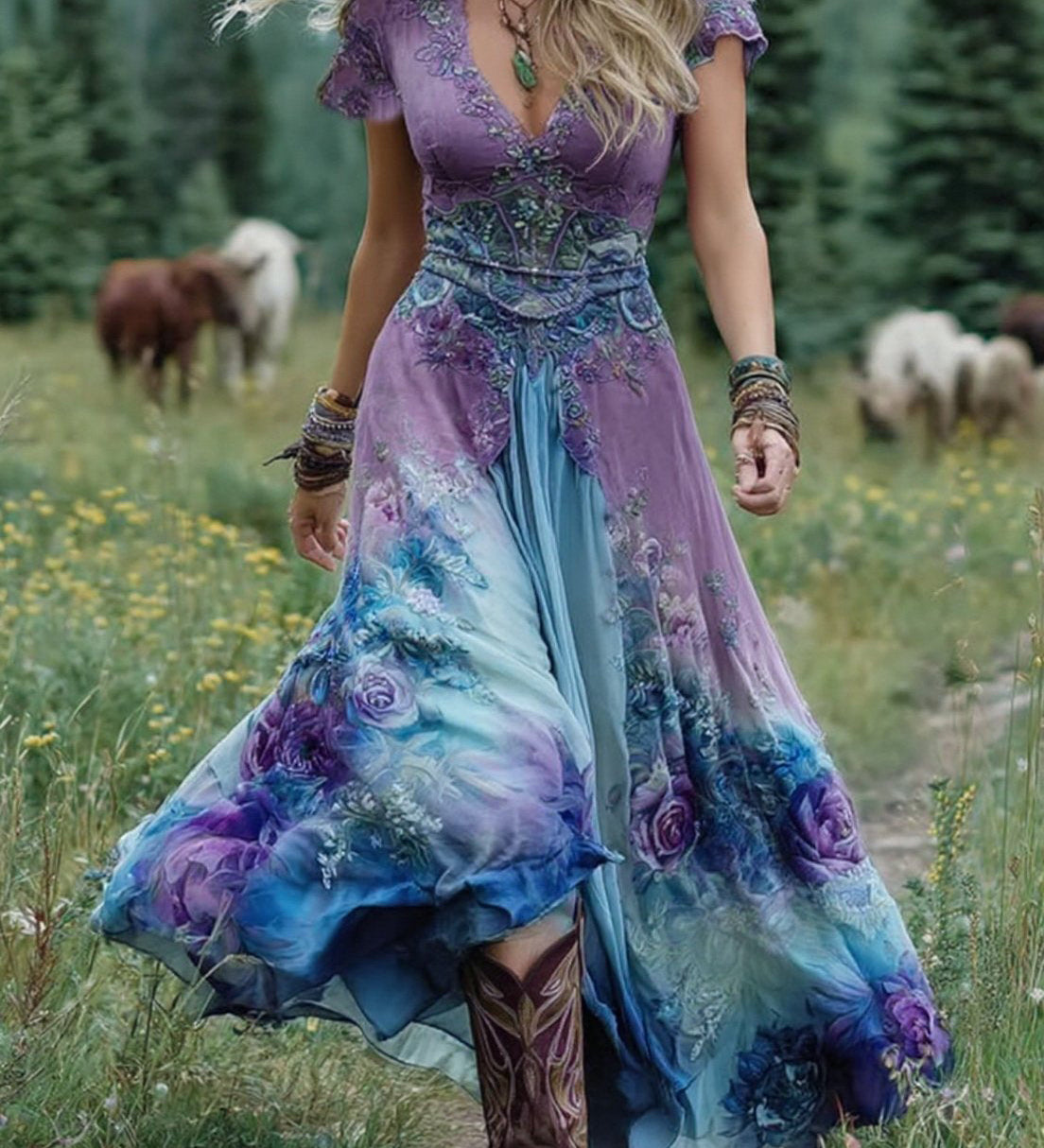 Marcina - Elegantna maksi obleka s cvetličnimi odtenki