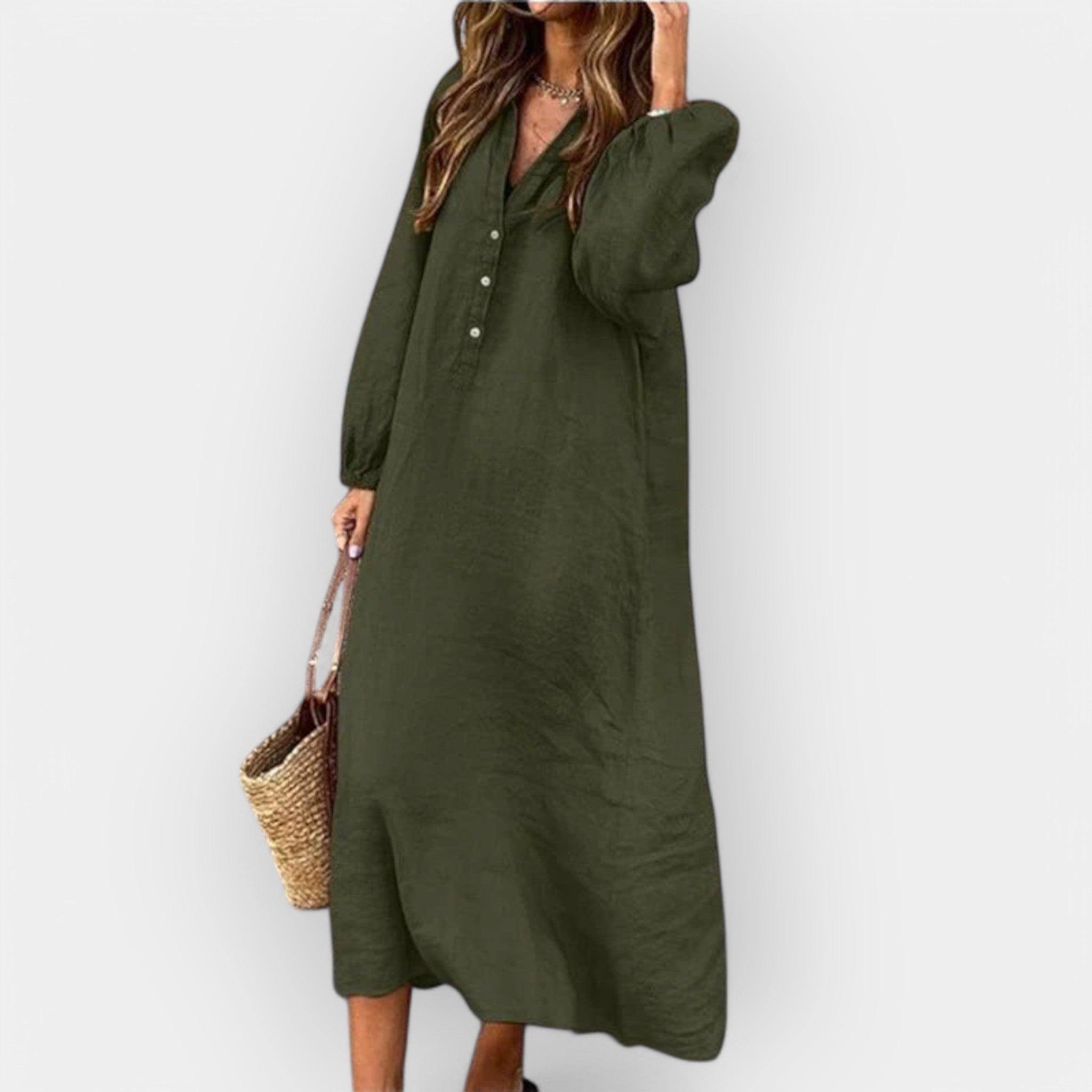 Elegantna lanena obleka s stilsko linijo