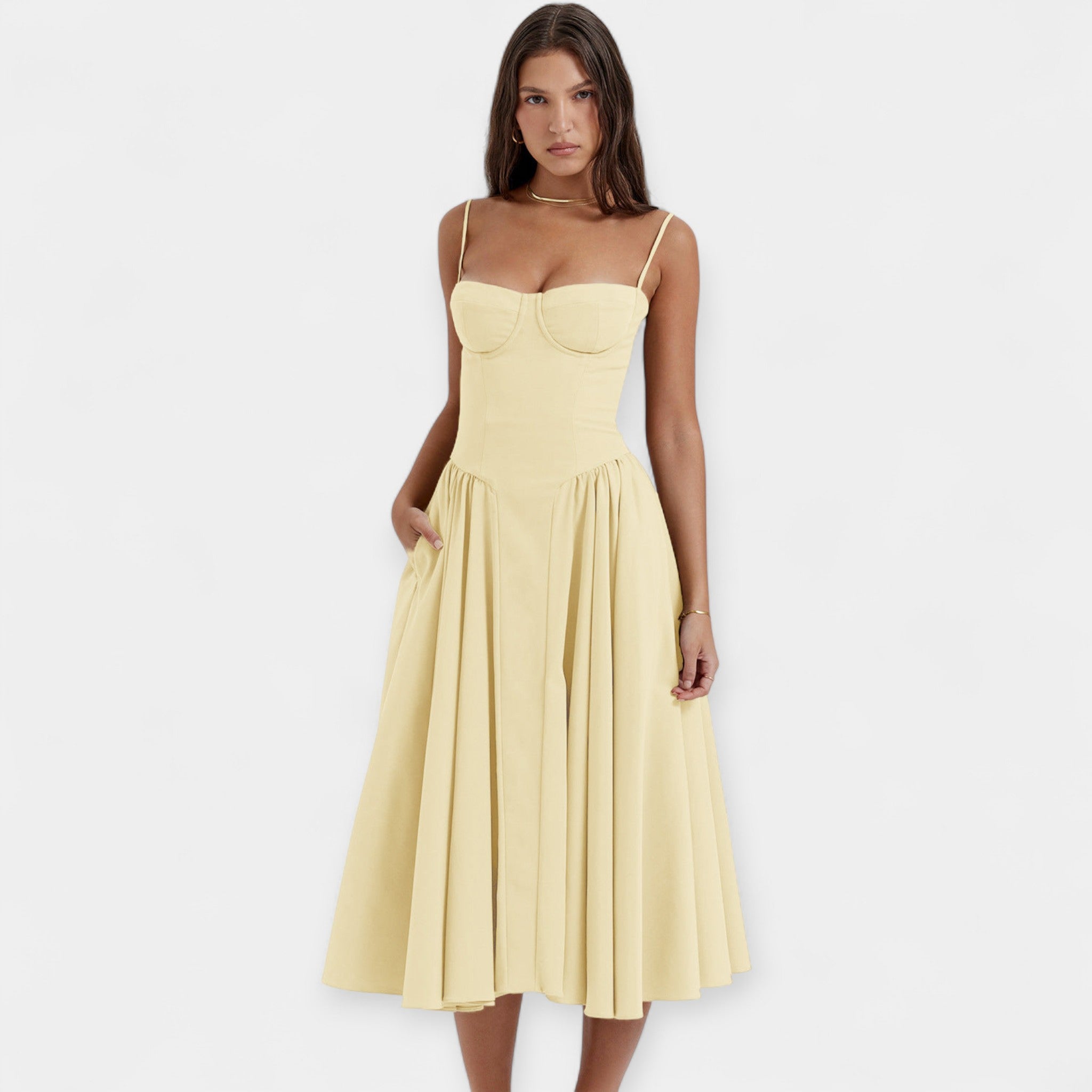 Retro midi obleka s tankimi naramnicami