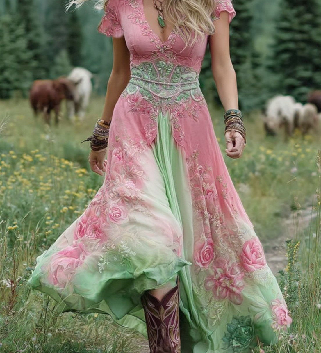 Marcina - Elegantna maksi obleka s cvetličnimi odtenki