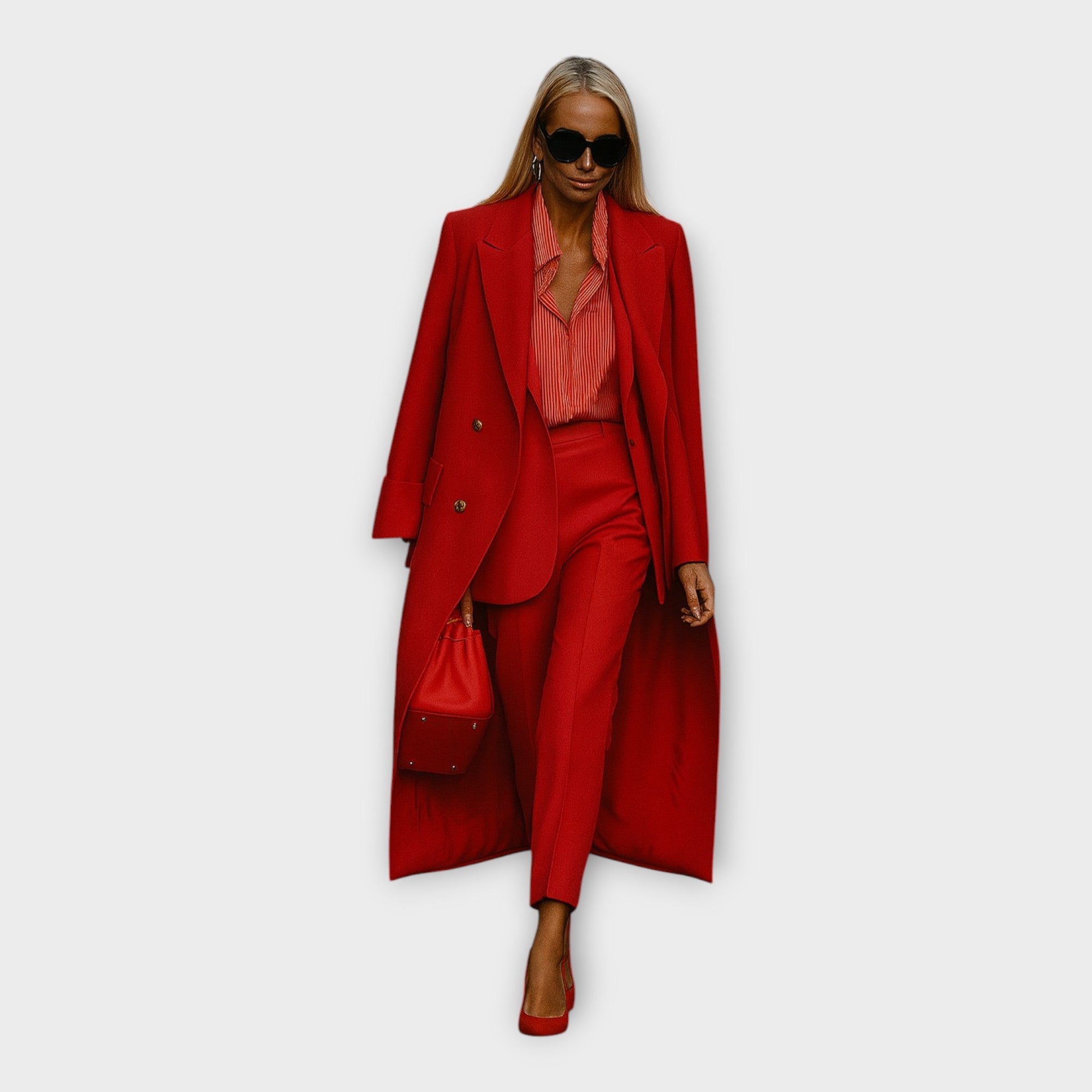 Elegantna kombinacija hlač in plašča v minimalističnem slogu.