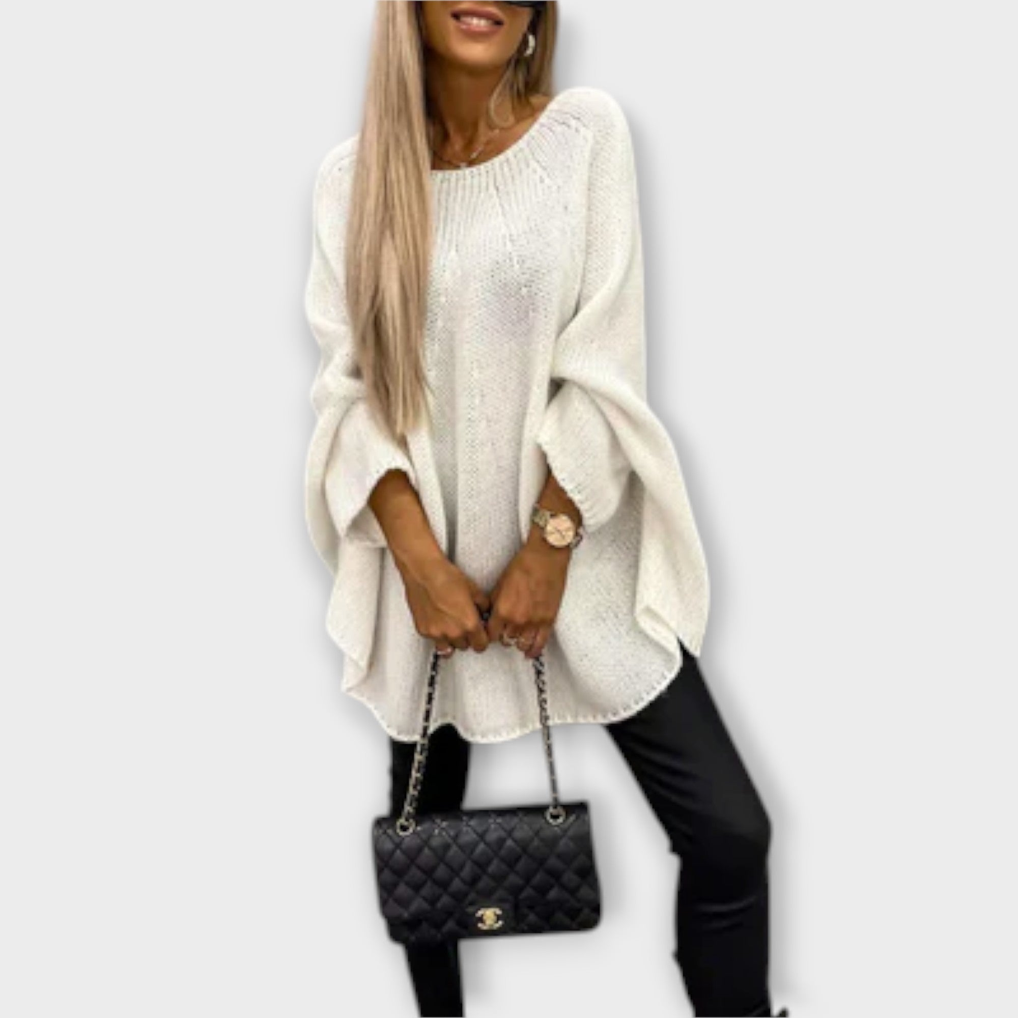 Izabel - Eleganten ženski pulover s krožnim izrezom" lahko prepišemo kot:

 "Izabel - Elegantni ženski pulover s krožnim izrezom