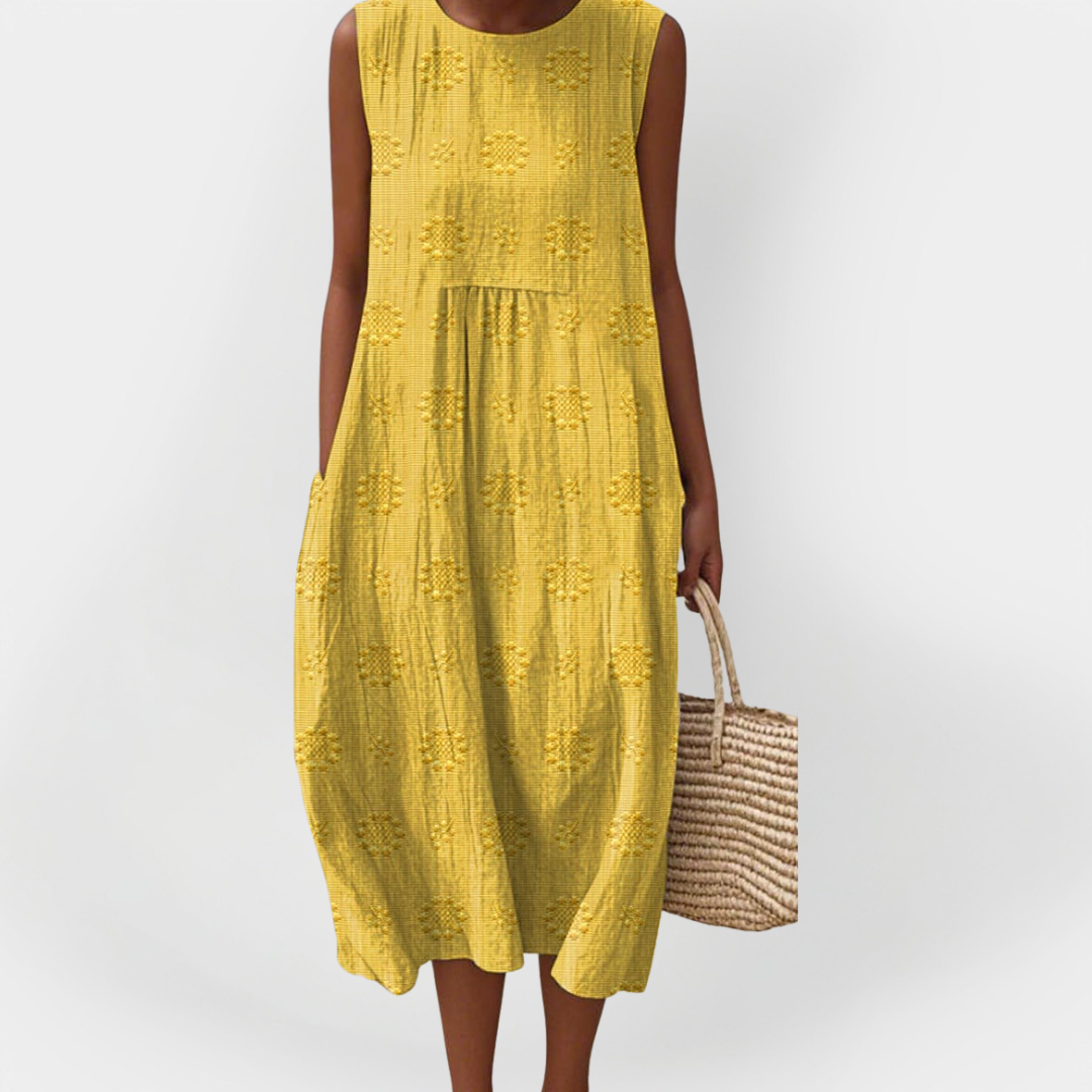 Elegantna brezrokavna bombaška obleka s prednjimi žepi