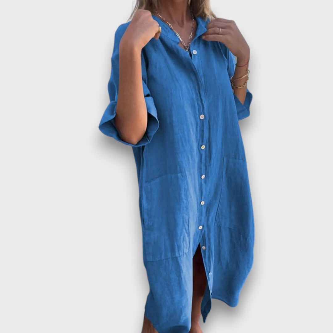 Lineni gorsinski kombinezon s gumbi in žepi