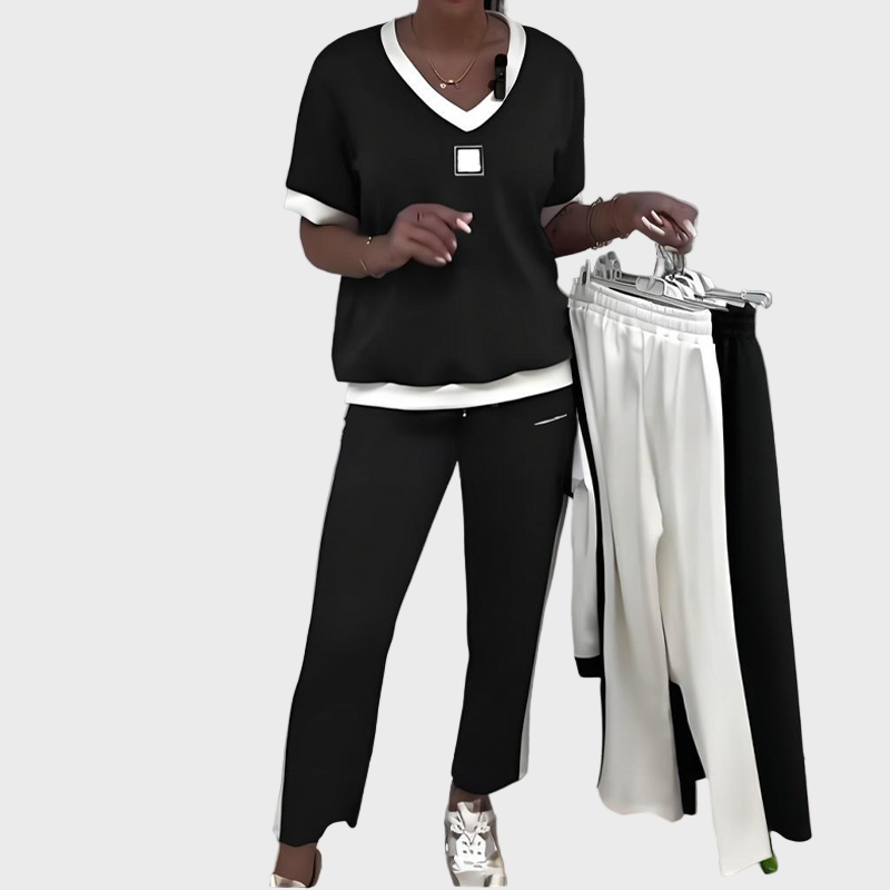 Ženski komplet s topom in hlačami z V-izrezom