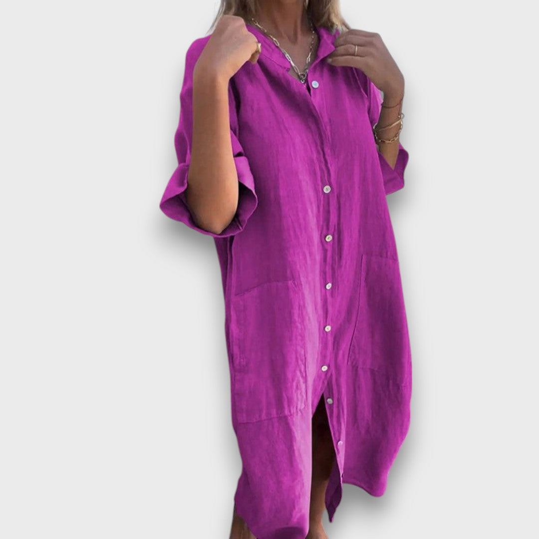 Lineni gorsinski kombinezon s gumbi in žepi