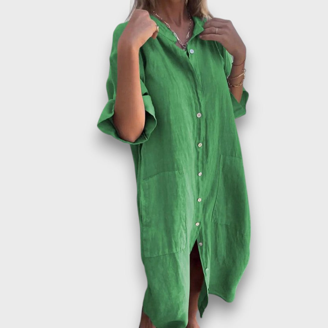 Lineni gorsinski kombinezon s gumbi in žepi