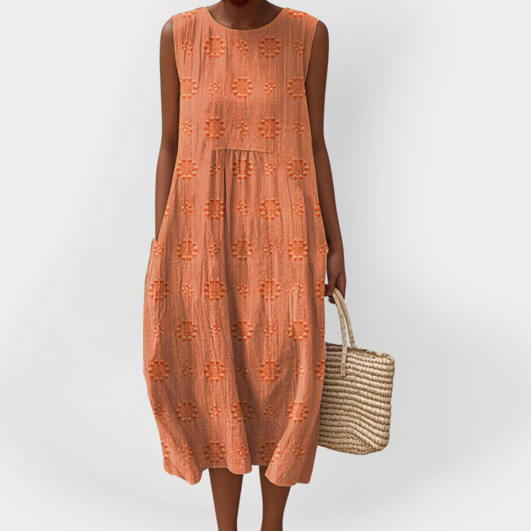 Elegantna brezrokavna bombaška obleka s prednjimi žepi