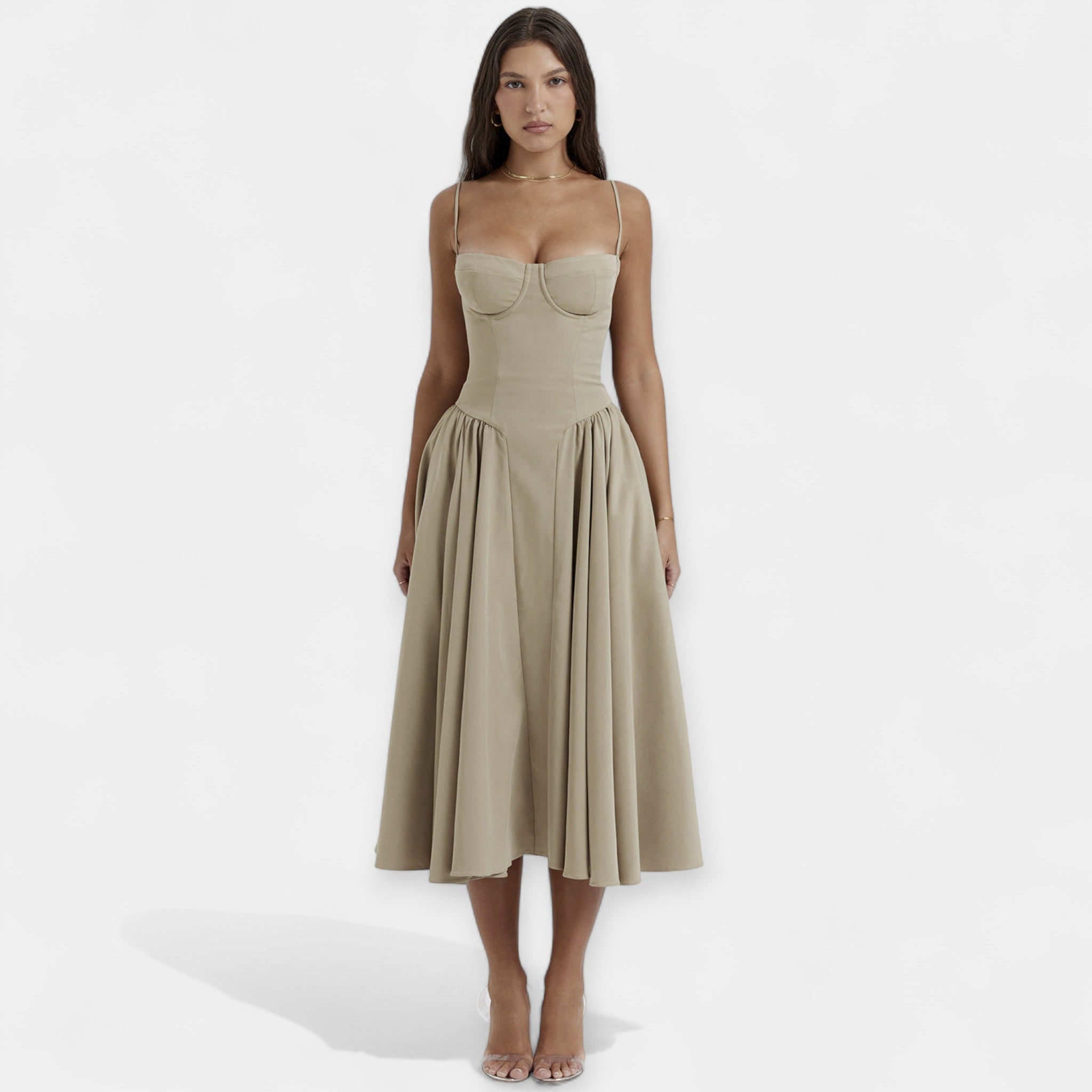 Retro midi obleka s tankimi naramnicami