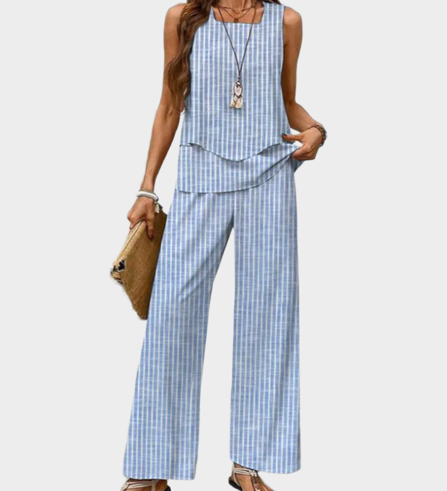 Poletni komplet s brezrokavim topom in hlačami s vzorci