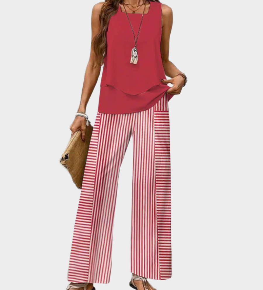 Poletni komplet s brezrokavim topom in hlačami s vzorci