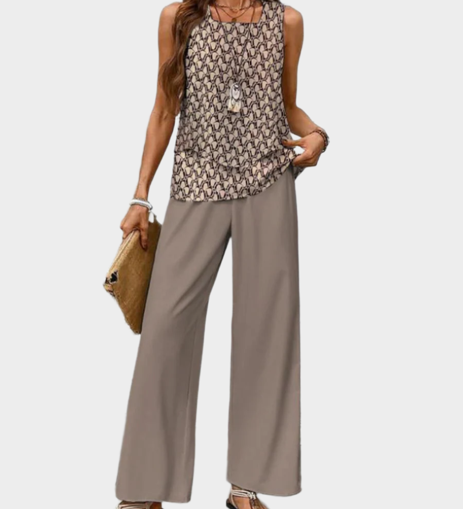 Poletni komplet z brezrokavnikom in širokimi vzorčastimi hlačami