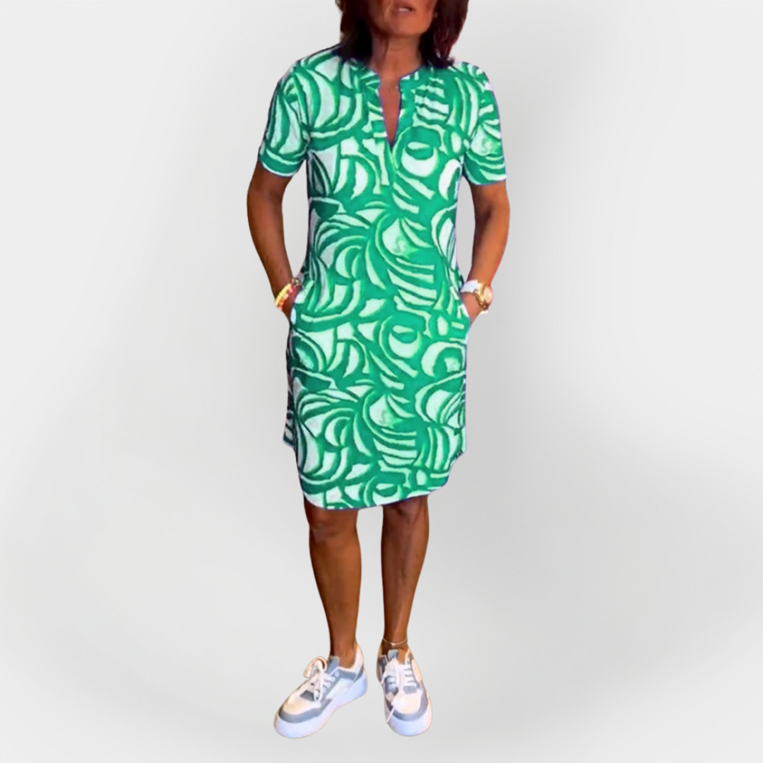 Midi obleka s potiskom in kratkimi rokavi