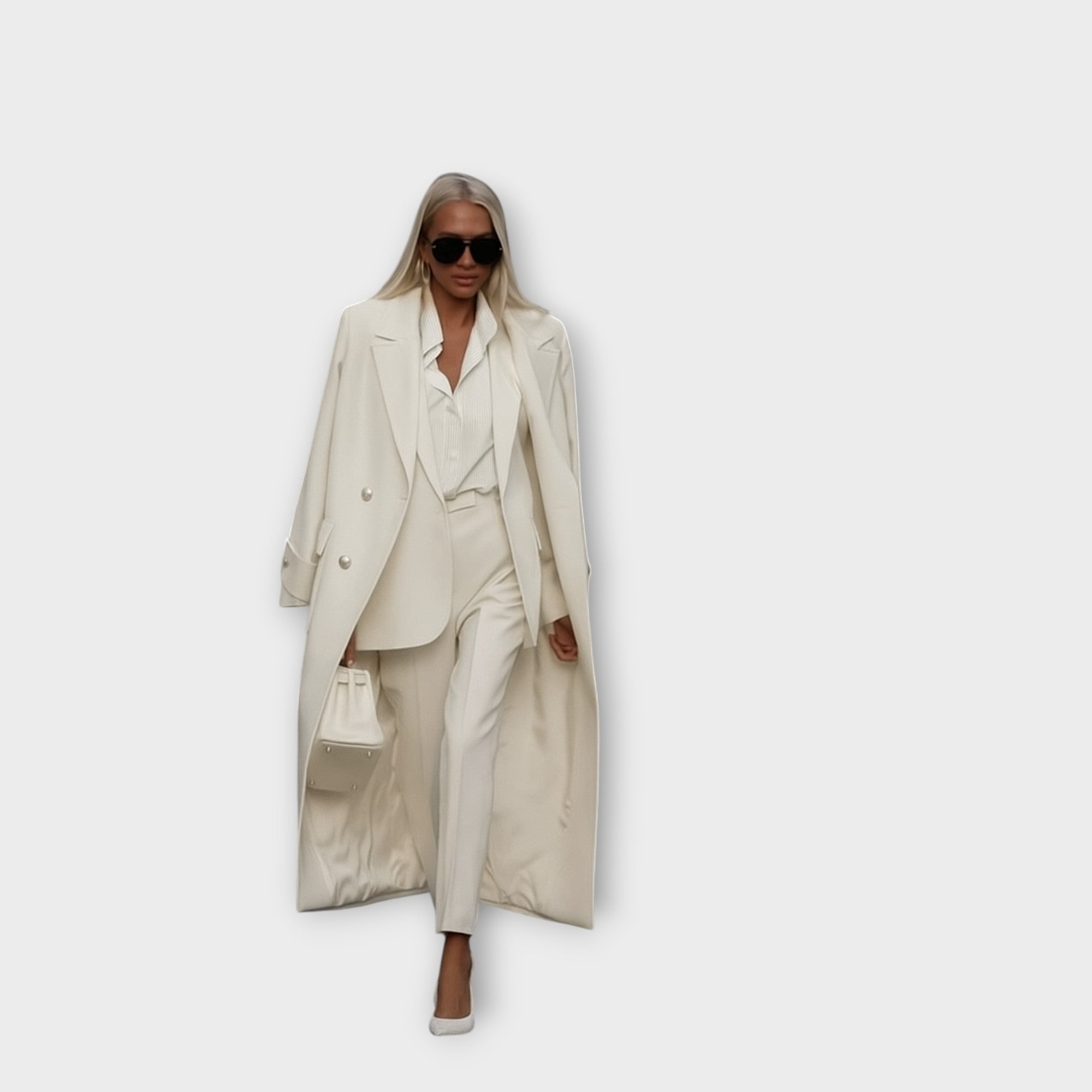 Elegantna kombinacija hlač in plašča v minimalističnem slogu.