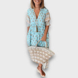 Αέρινο Φόρεμα Boho με Μανίκια 3/4 και Λαιμόκοψη με Κορδόνια