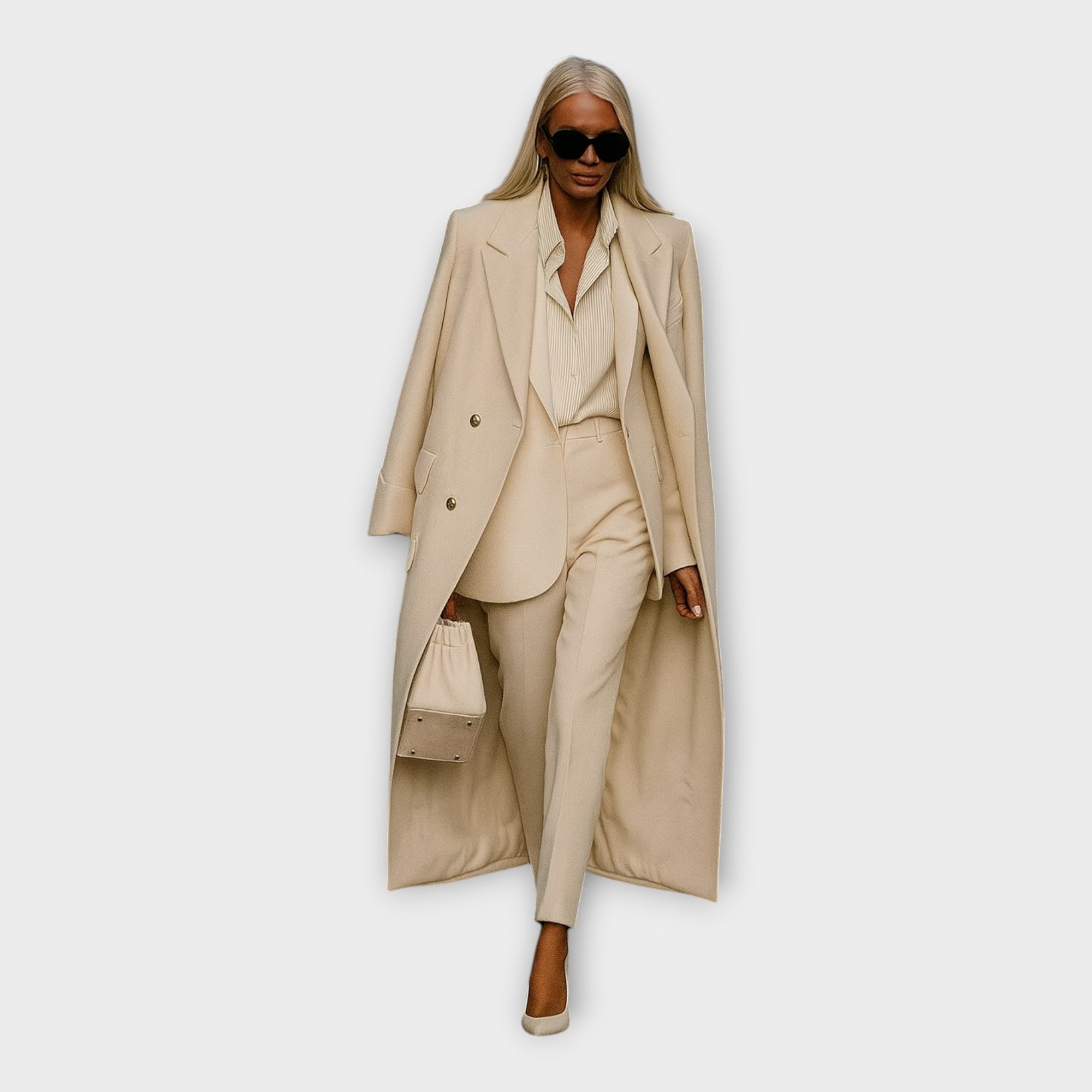 Elegantna kombinacija hlač in plašča v minimalističnem slogu.