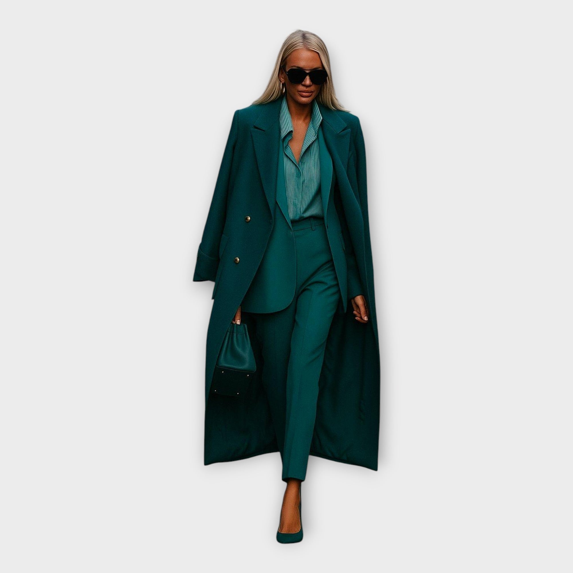 Elegantna kombinacija hlač in plašča v minimalističnem slogu.