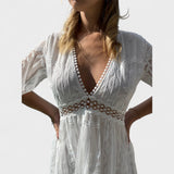 Marinka - Dolga Boho Čipkasta Obleka" can be rephrased as "Marinka - Elegantna Dolga Boho Obleka z Čipko.