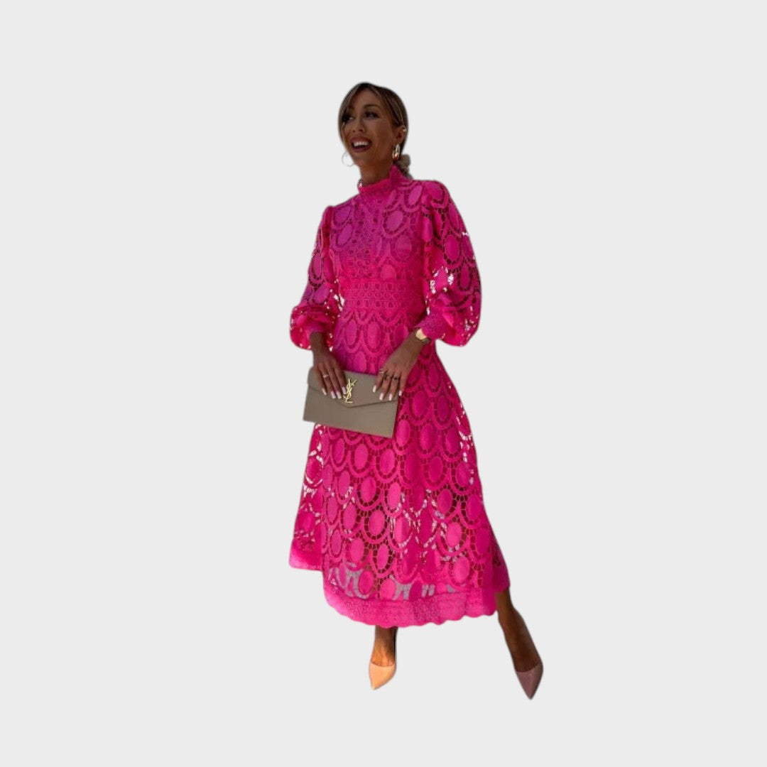 Danica - Čipkasta obleka s pufastimi rokavi in ​​visokim ovratnikom