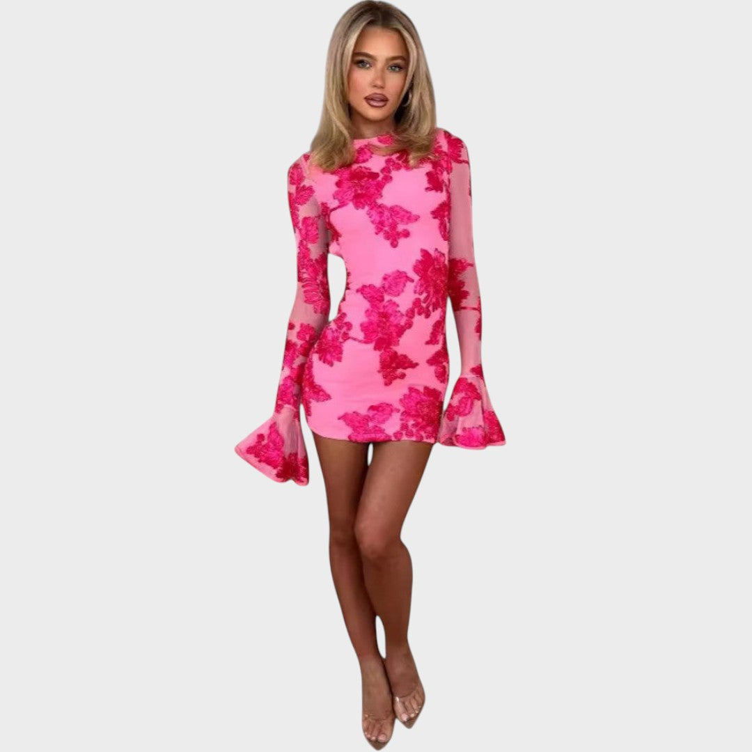 Ivana - Kratka cvetlična obleka z razširjenimi rokavi