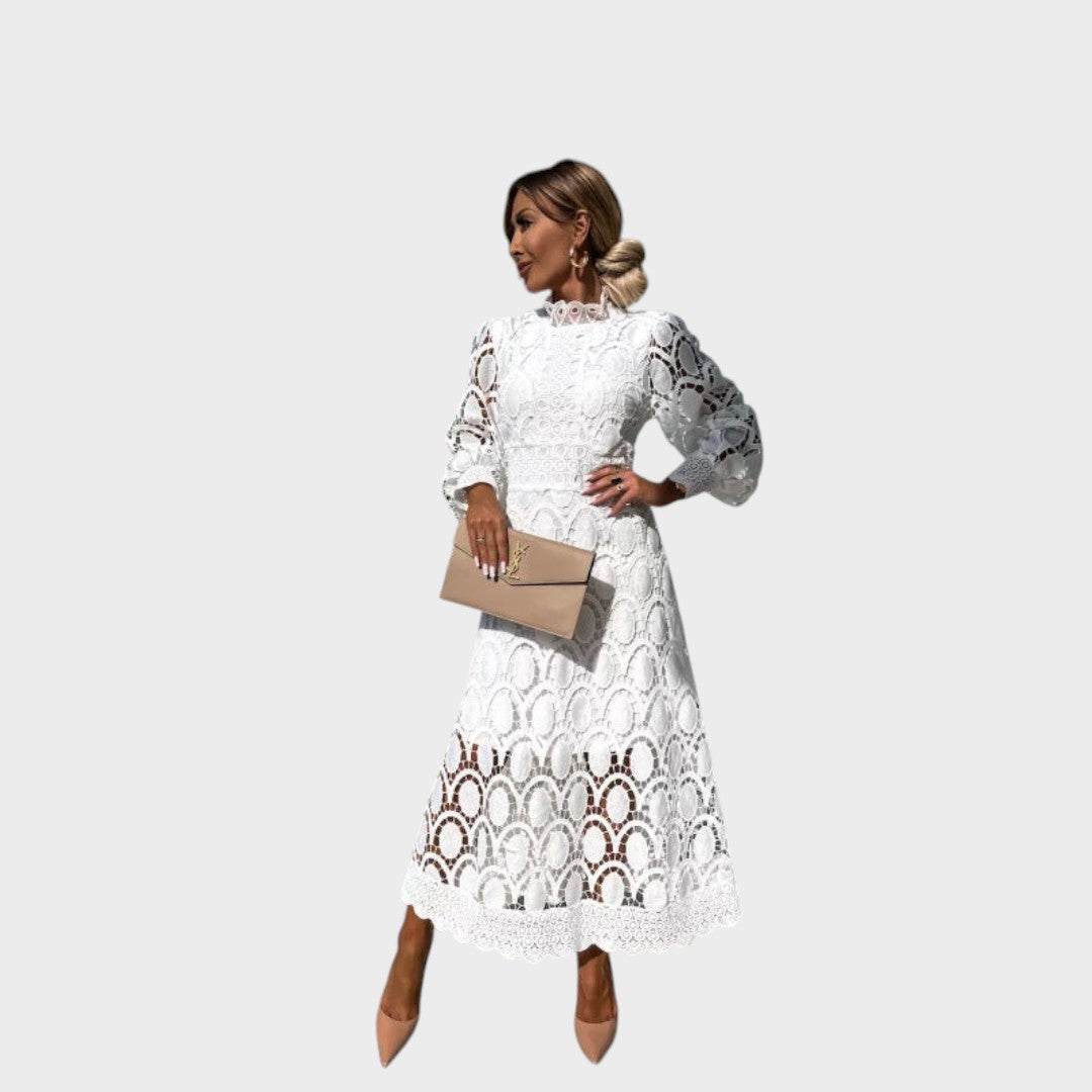 Danica - Čipkasta obleka s pufastimi rokavi in ​​visokim ovratnikom