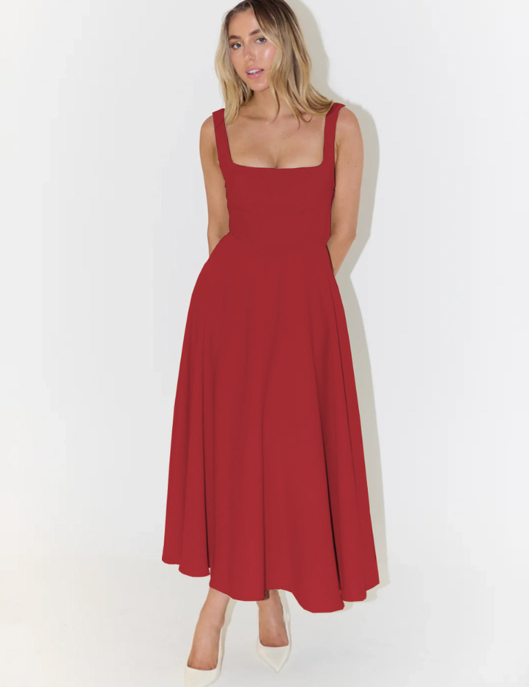 Elegantna midi obleka s romantičnim krojem