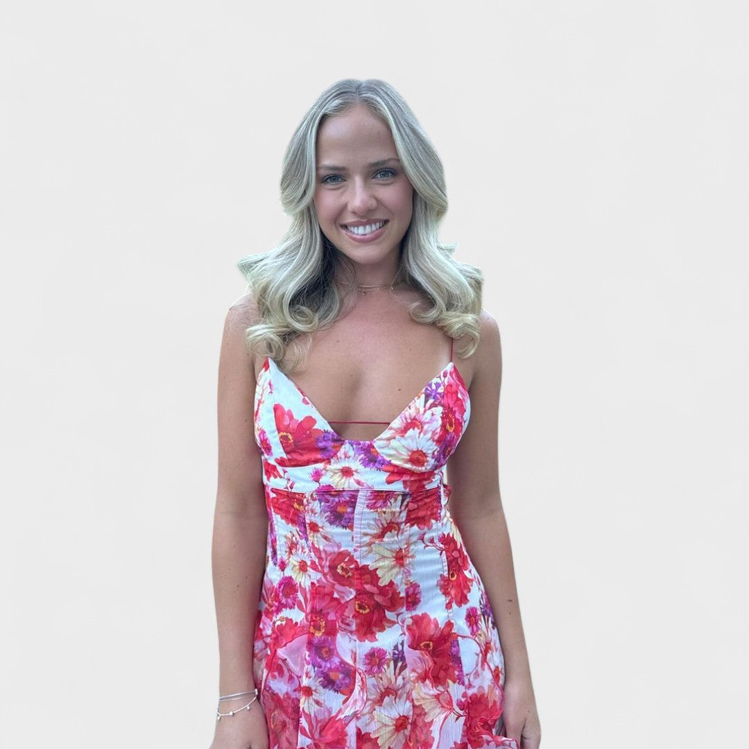 Mirjana - Dolga cvetna obleka s čipkastimi volani