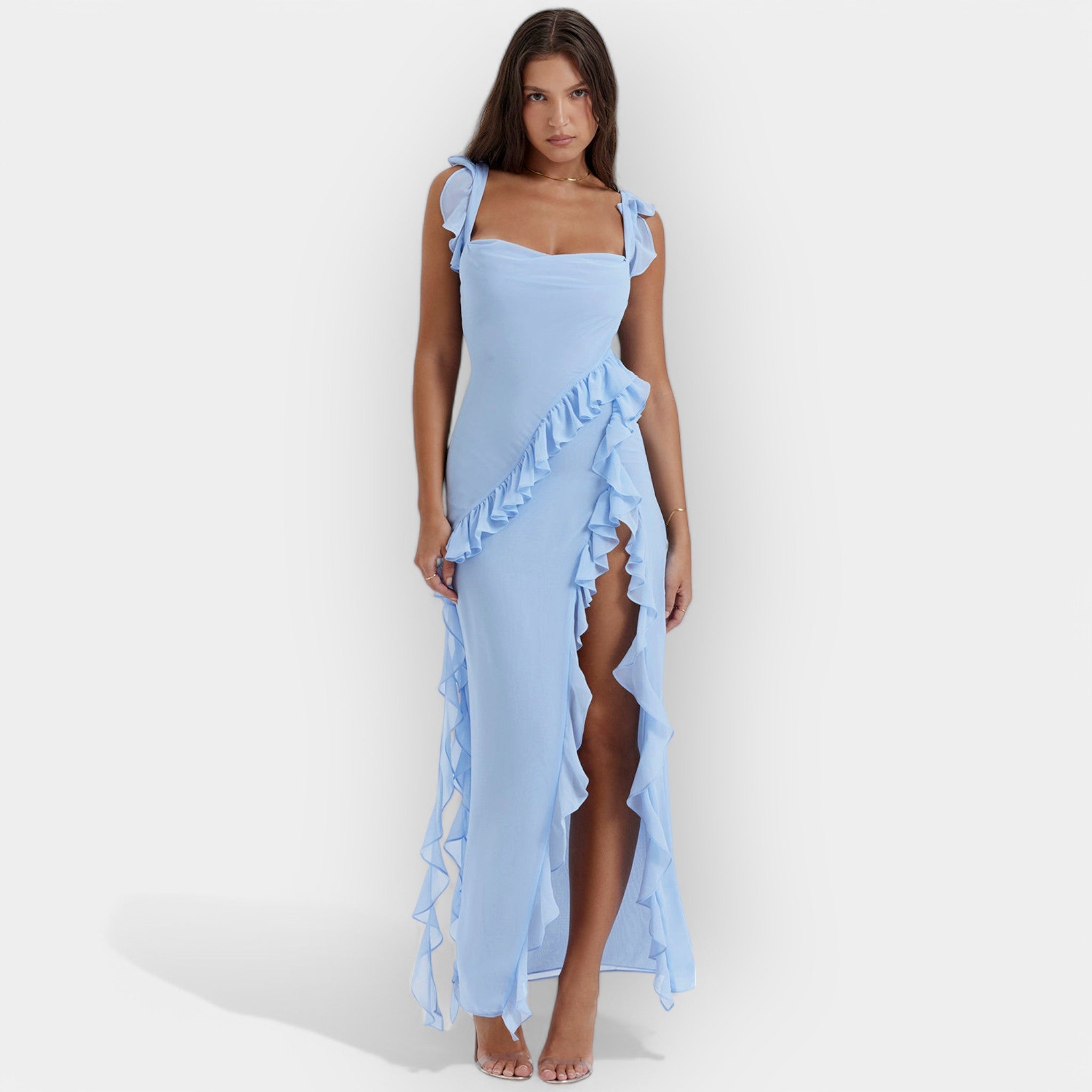 Haljina s potiskiem in nastavitvenimi volanči