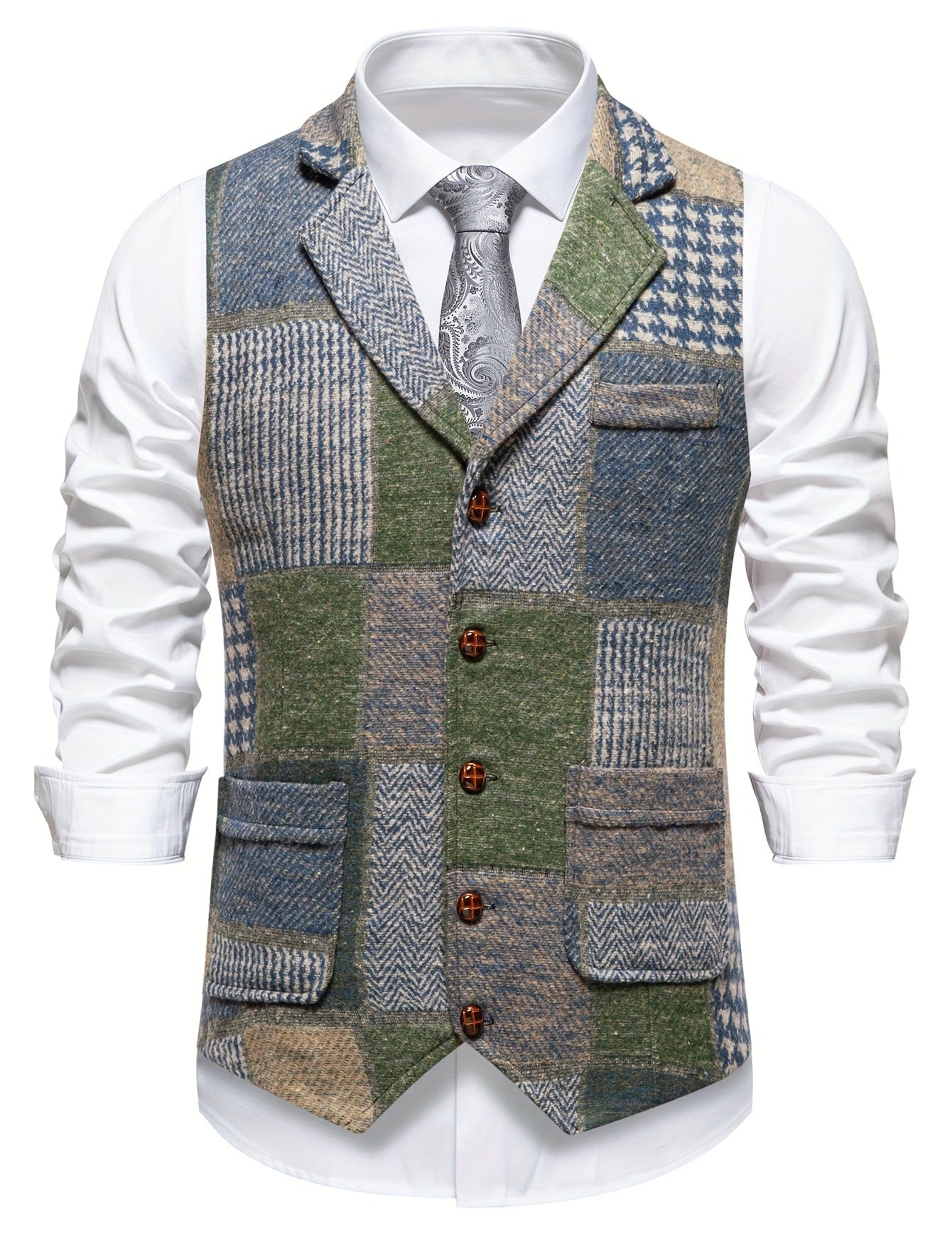 Leo | Patchwork prsluk od tvida s uzorkom riblje kosti
