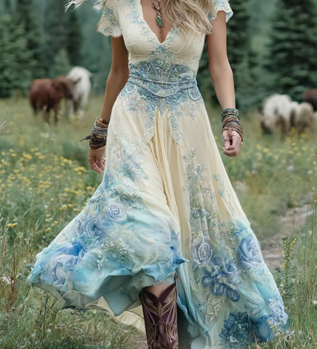 Marcina - Elegantna maksi obleka s cvetličnimi odtenki