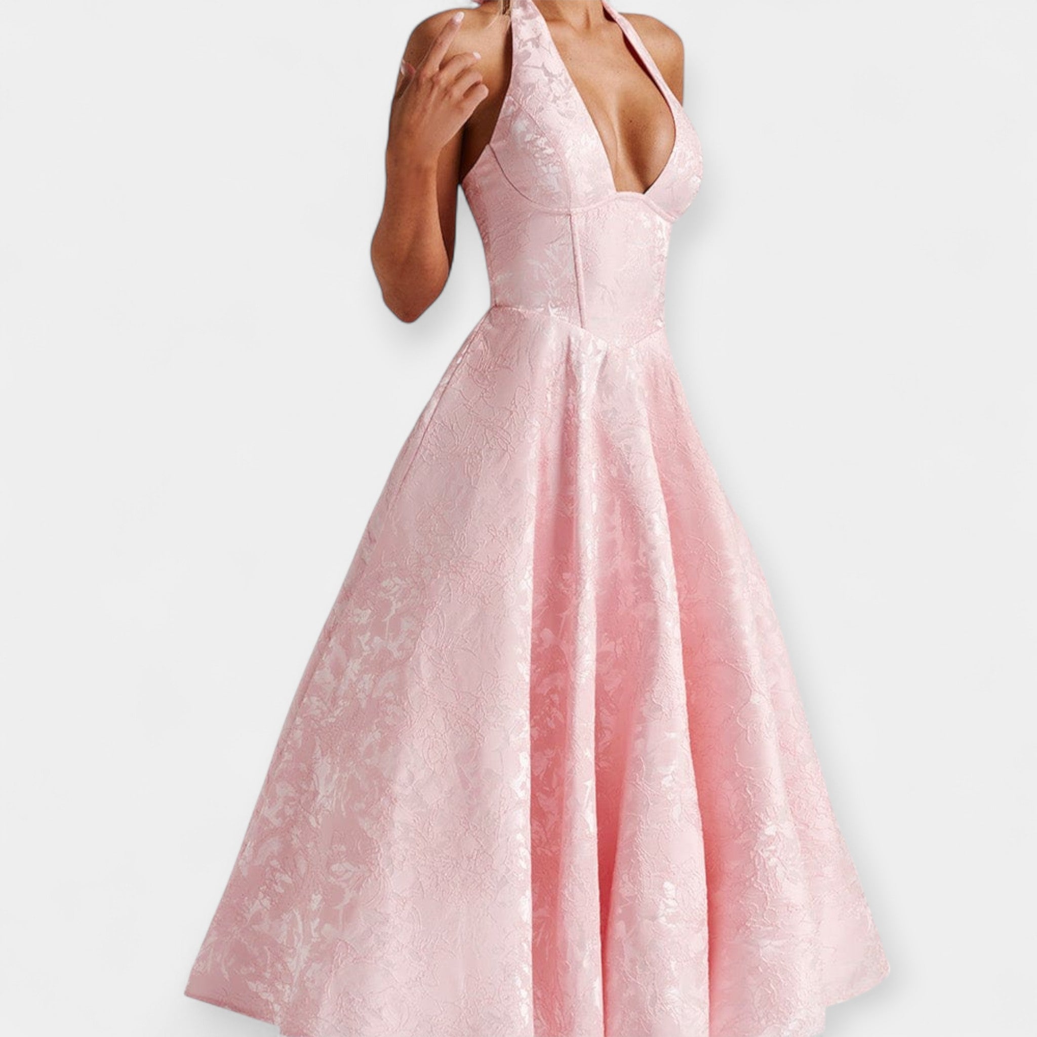 Midi obleka z odprtimi hrbti in korsetnim dizajnom