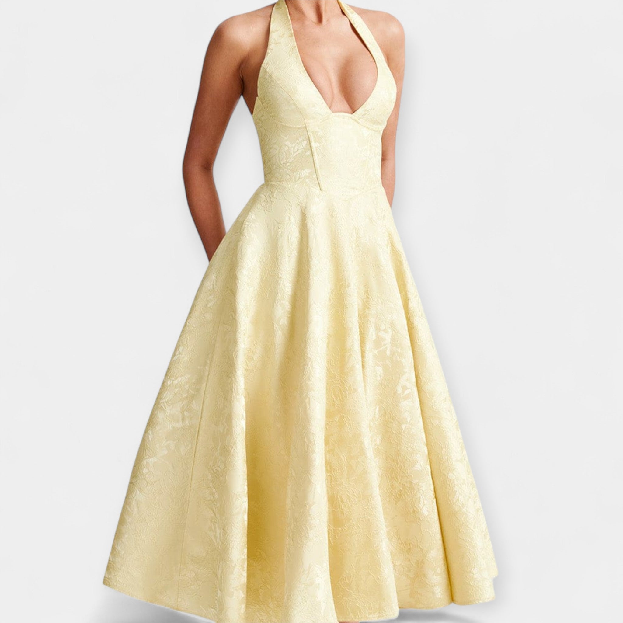 Midi obleka z odprtimi hrbti in korsetnim dizajnom