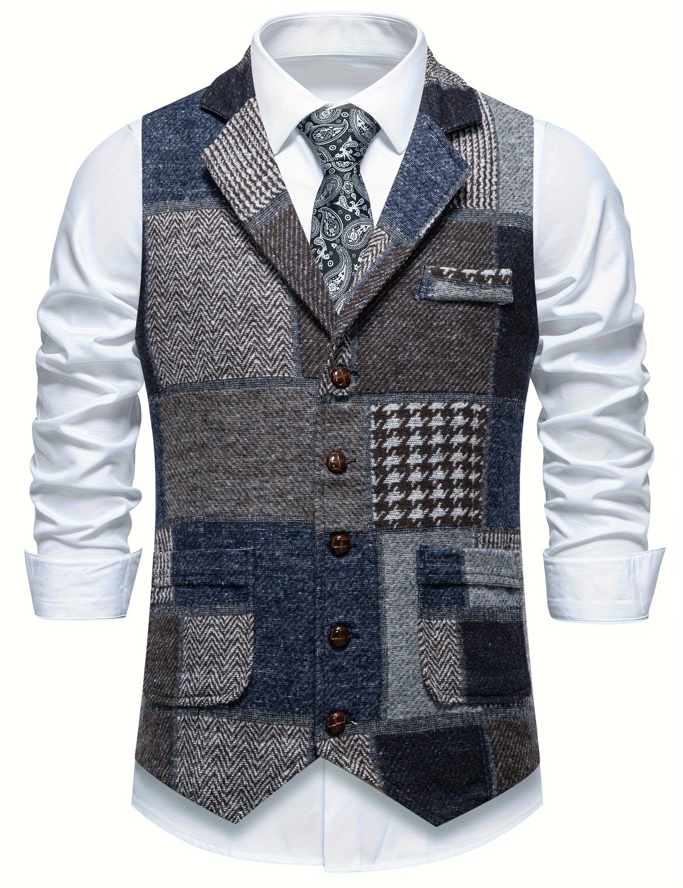 Leo | Patchwork prsluk od tvida s uzorkom riblje kosti