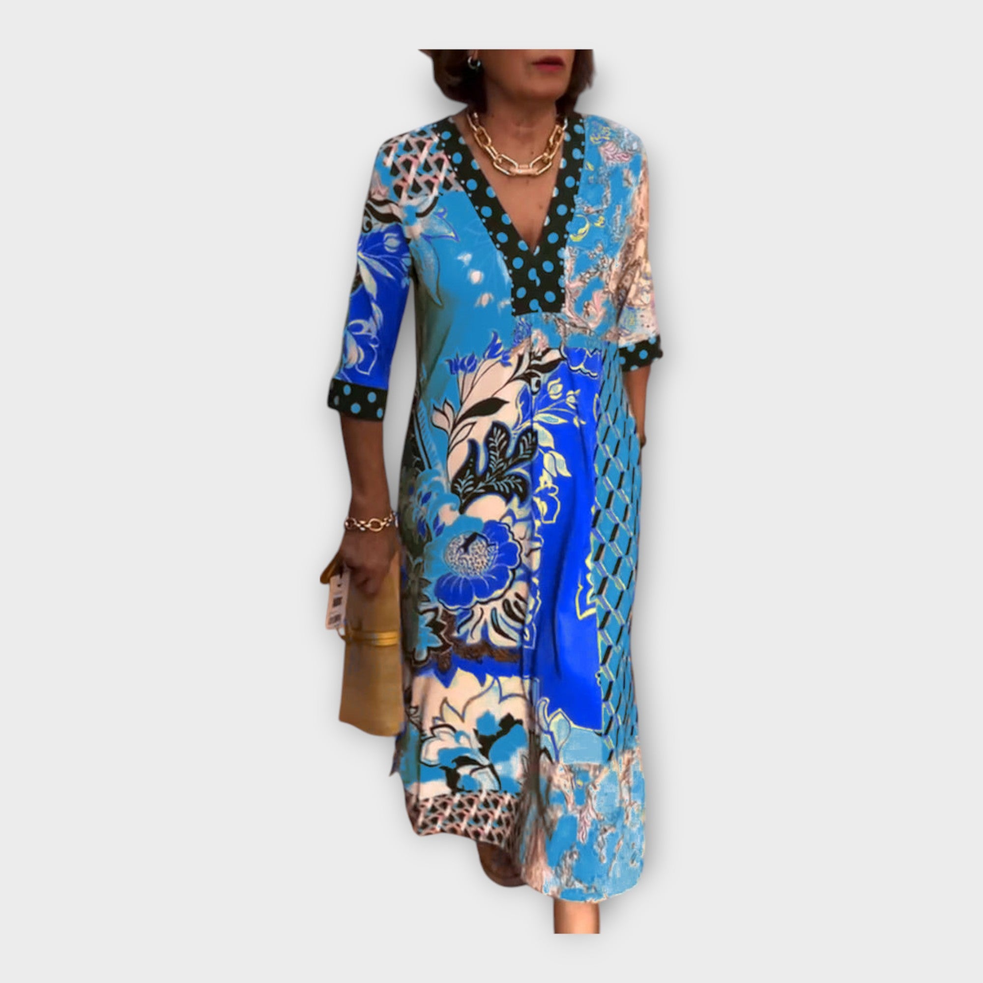 Večbarvna obleka s potiskom, gumbi in 3/4 rokavi