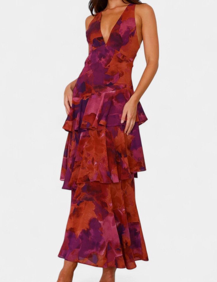 Valentina - Chiffon obleka z V-izrezom in elegantnimi rokavi