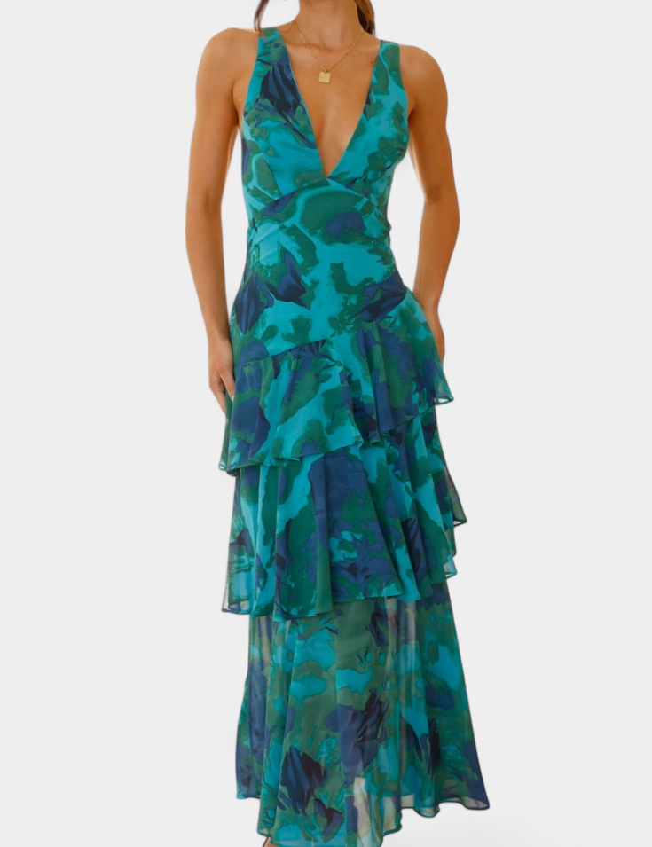 Valentina - Chiffon obleka z V-izrezom in elegantnimi rokavi
