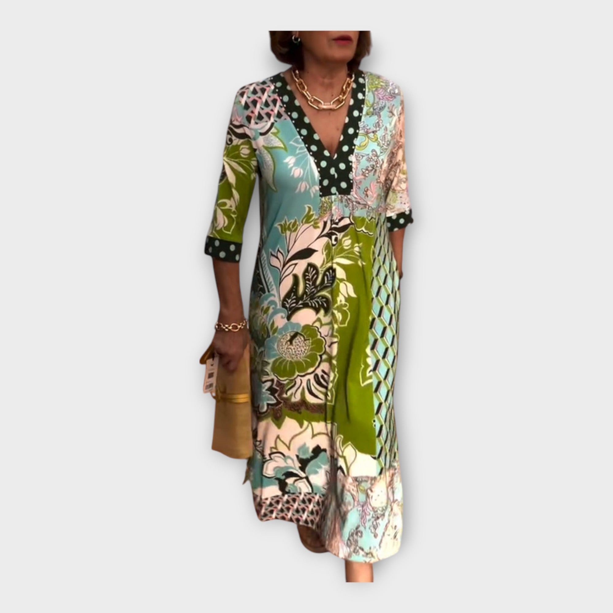 Večbarvna obleka s potiskom, gumbi in 3/4 rokavi