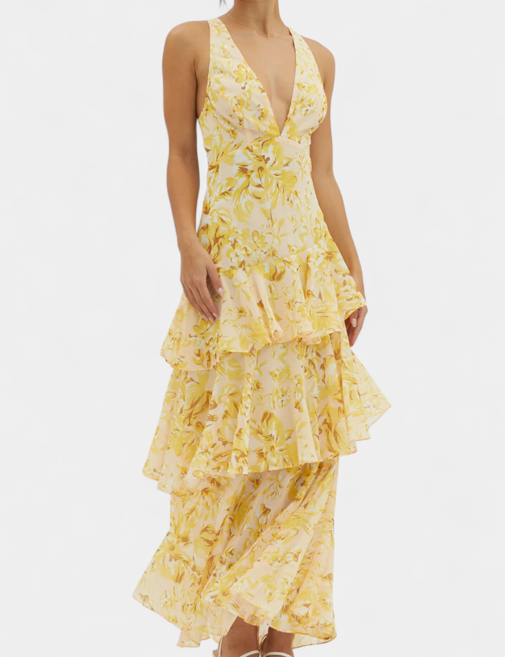 Valentina - Chiffon obleka z V-izrezom in elegantnimi rokavi