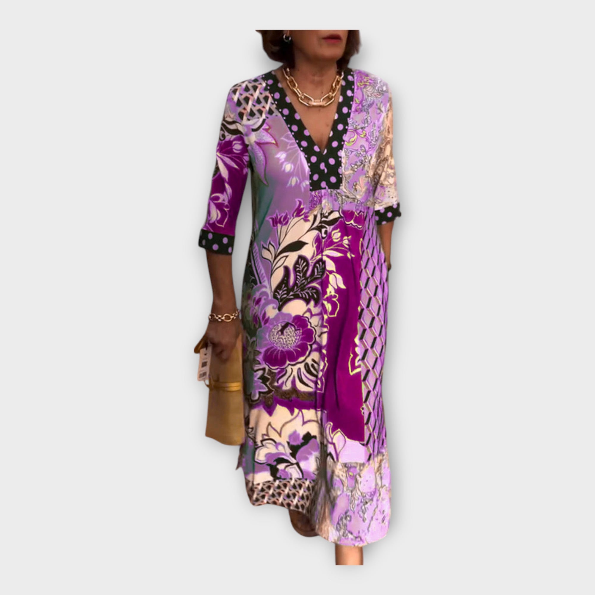 Večbarvna obleka s potiskom, gumbi in 3/4 rokavi