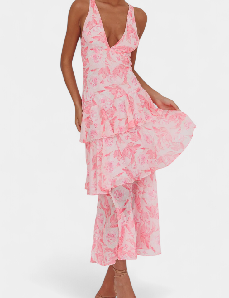 Valentina - Chiffon obleka z V-izrezom in elegantnimi rokavi