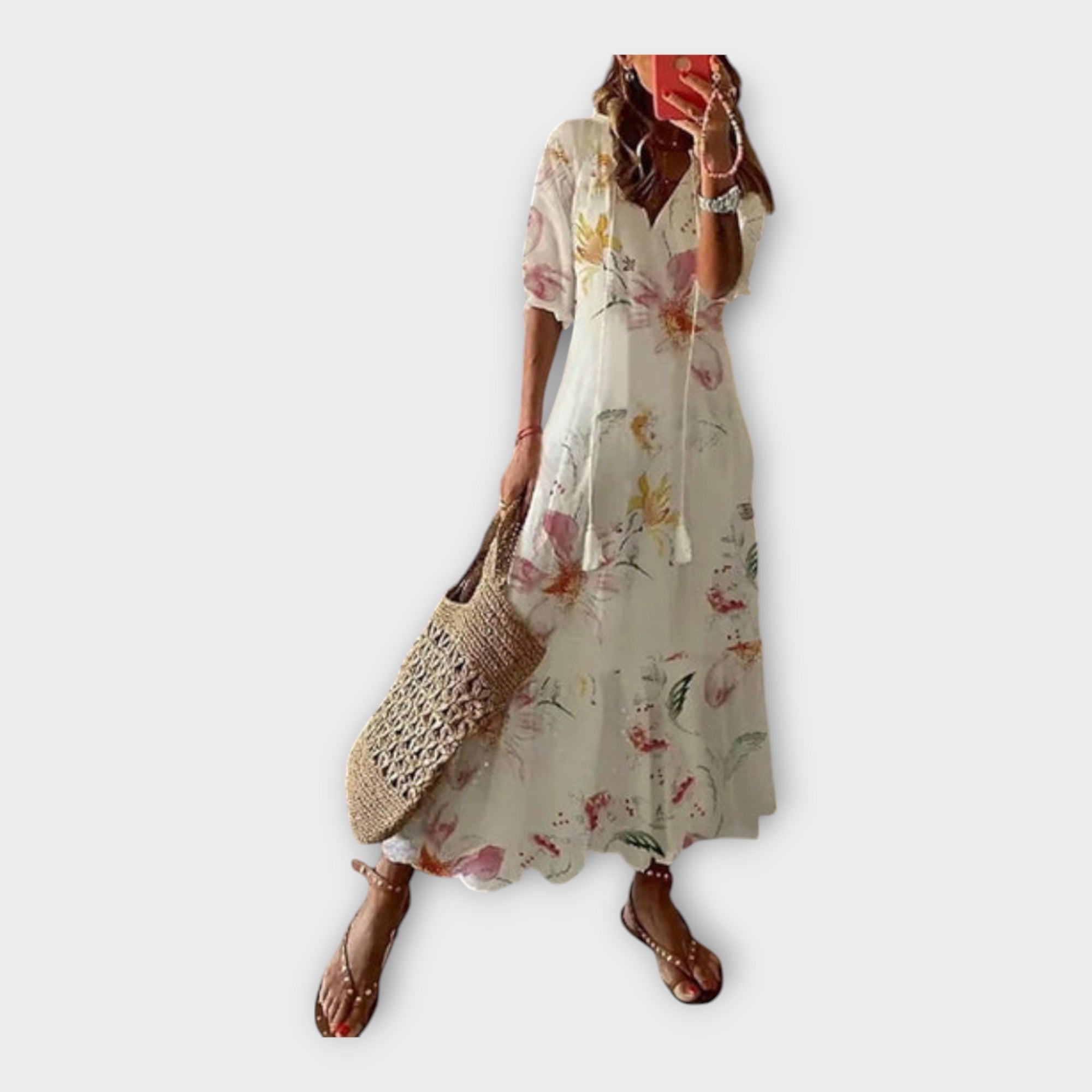 Vintage obleka z vezenjem in V-izrezom