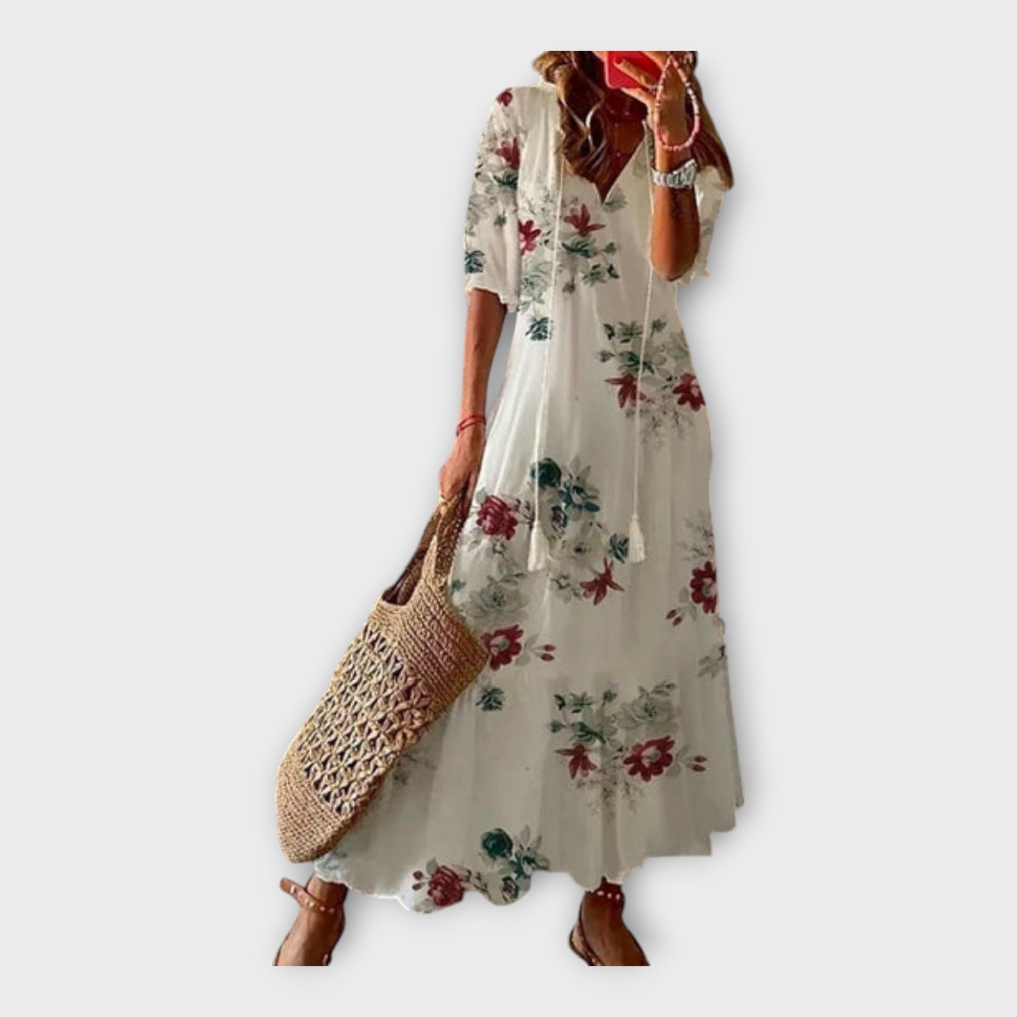 Vintage obleka z vezenjem in V-izrezom